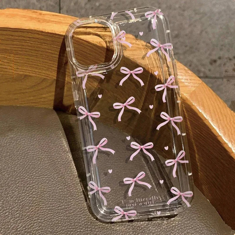 Adorable Pink Heart Bow Phone Case - Shockproof Soft Clear Protection for iPhone 11 to 17 Pro Max and Mini