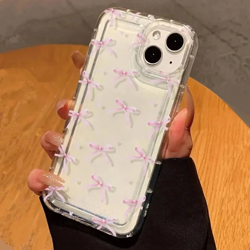 Adorable Pink Heart Bow Phone Case - Shockproof Soft Clear Protection for iPhone 11 to 17 Pro Max and Mini