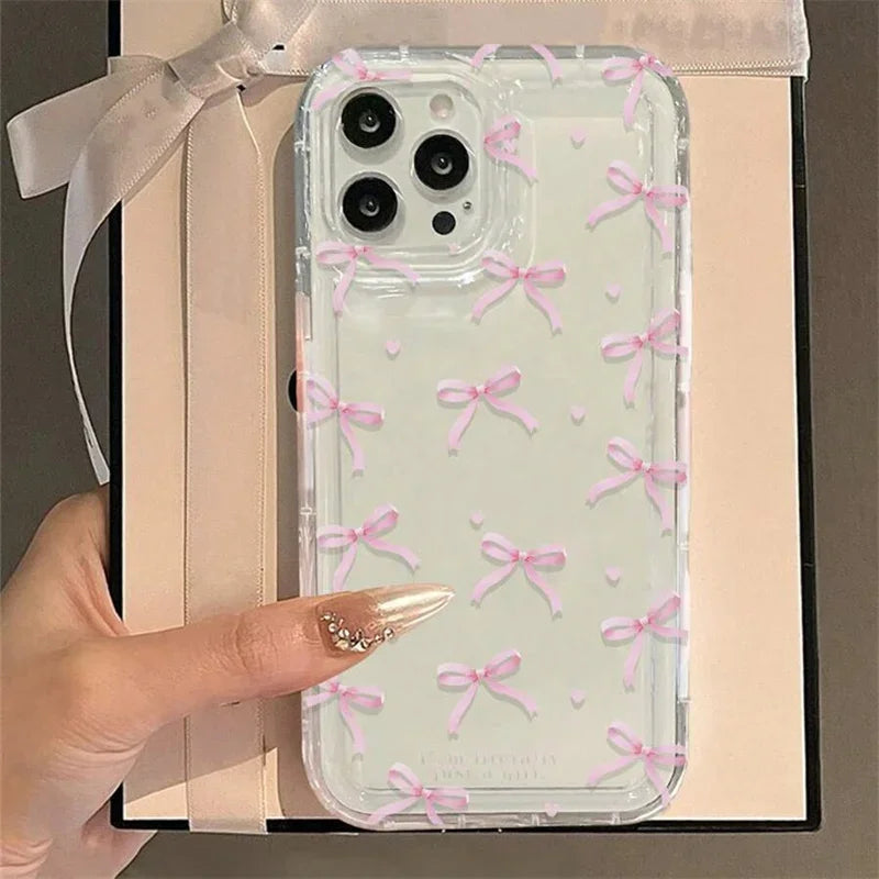 Adorable Pink Heart Bow Phone Case - Shockproof Soft Clear Protection for iPhone 11 to 17 Pro Max and Mini